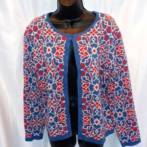 C&K Designs Beautiful Vintage Large Knit Red, White Blue Sweater Jacket Size L